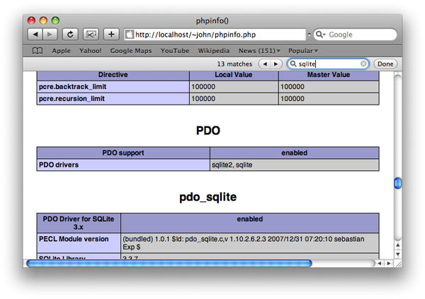 phpinfo.php showing pdo_sqlite enabled