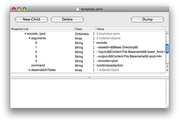 Defining action parameters within an XML property list